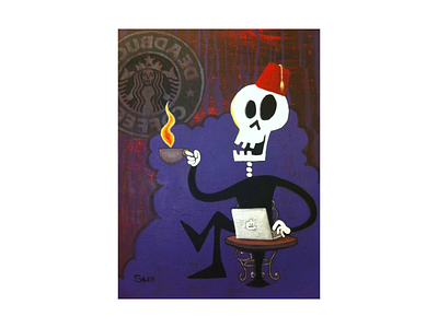 Mr. Skull at Deadbucks (painting) acrylic acrylic paint afterlife cafe canvas character character design coffee coffeeshop color dead deadbucks illustration java latte limbo painting skeleton skull starbucks