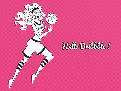 Hello Dribbble basketball cartoon debut dribbble first shot hello illustration