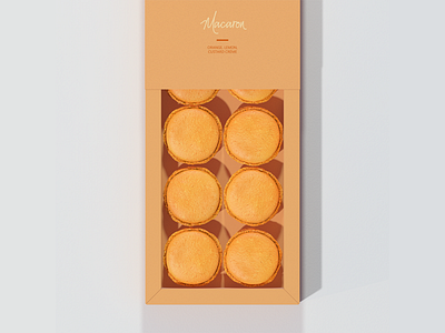 Orangey 3d box branding cgi design dessert logo macaron orange packaging pastry sweets