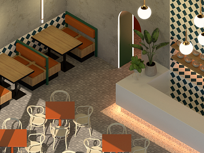 Isometric Cafe 3d cafe cgi counter design dining interior design interiors isometric restaurant tiles