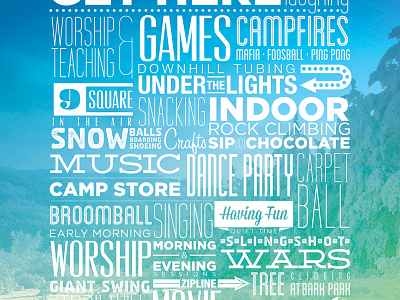 Pondo Type Poster blue camp fun green trees typography winter