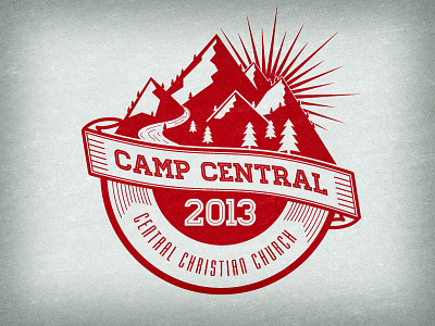 Camp Central apparel badge camp church emblem homestead illustration lost type mountains red sun t shirt trees vector