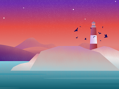 Lighthouse sunset birds clean figma gradient hills illustration kovalev lighthouse modern nicholas rocks simple stars texture vector water