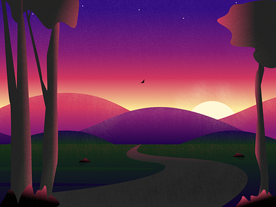 Sunset scenery bird branding clean figma gradient illustration kovalev modern nicholas scenery shadows simple stars sun sunset texture trees vector