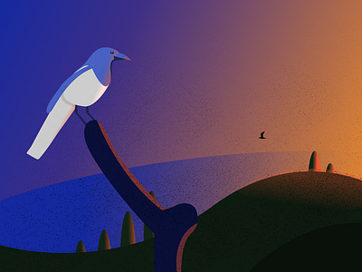 Eurasian Magpie bird blue branch distance eurasian gradient hills illustration magpie orange sunset texture tree white