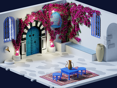 Isometric design of a sidi bou said house By Ahmed Jabnouni 3d art 3d modeling design graphic design interior isometric isometric art isometric design isometric illustration isometry sidi bou said tunisia tunisie