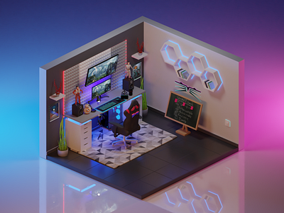 Isometric gaming setup 3d 3d art ahmed jabnouni game art gaming gaming room ideas isometric isometric art isometric design room small room