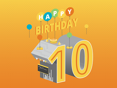 10th Anniversary 3d anniversary balloon birthday cake charts hat illustrations number server simple yellow
