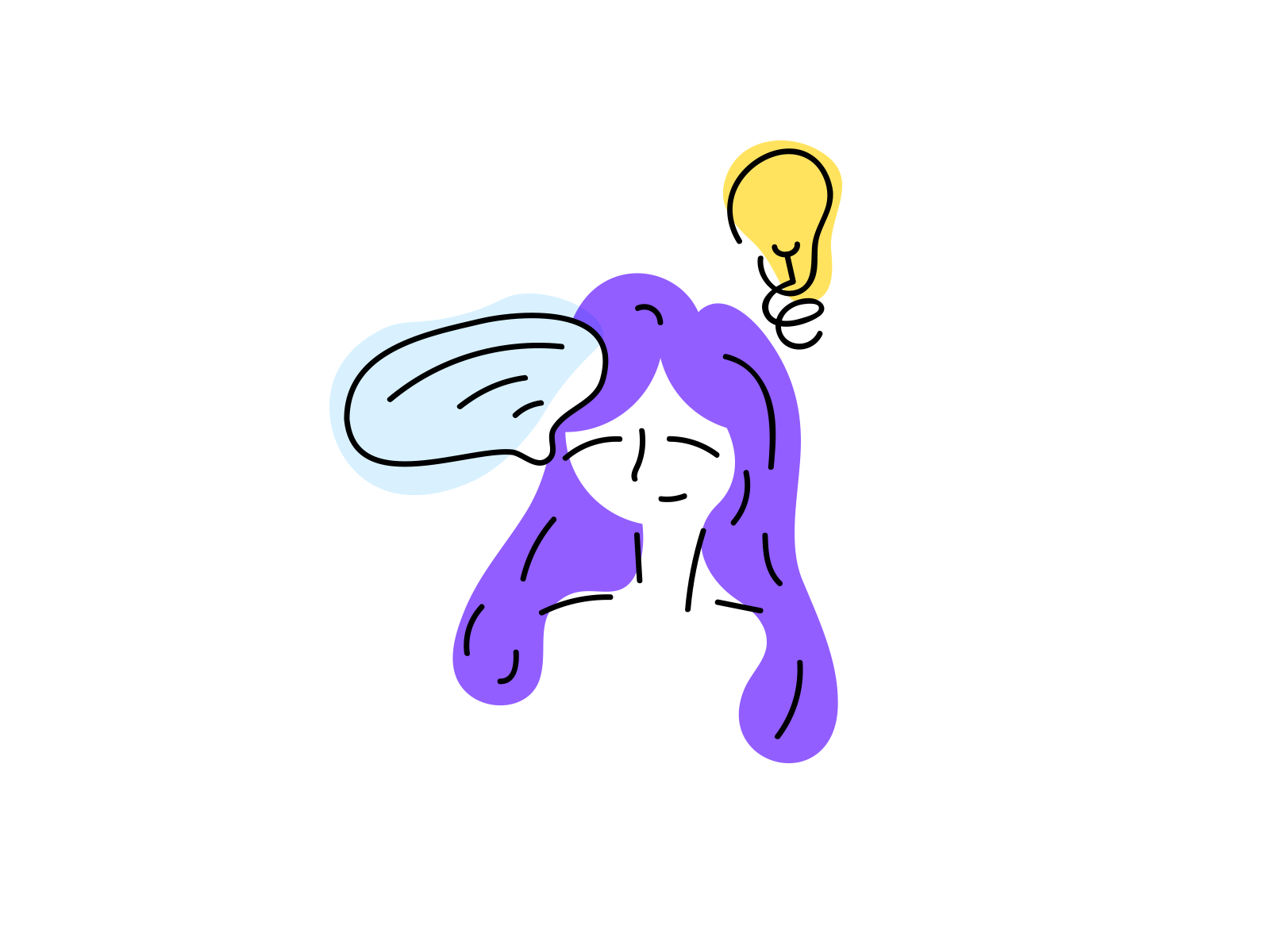 Ideas bubble bulb character expression flat flowing free girl heppy idea illustration light media message purple social speech stroke