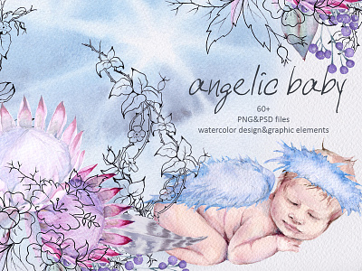 Angelic baby art baby born boy card child cute design girl hand icon illustration isolated little logo mother newborn shower watercolor white