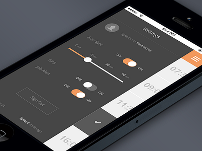 Job App Settings account application clean dark interface job app mobile orange settings ui ux web