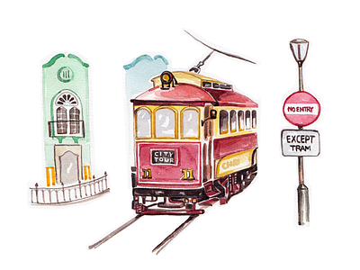 Christchurch Tram - Day #029 illustration newzealand train tram travel watercolor watercolour