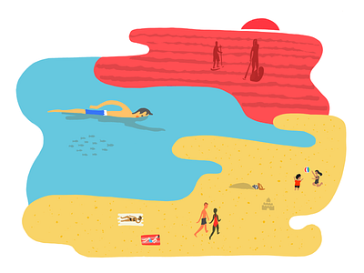 Sealife beach drawing illustration paddle sea sunset surfing swimming tanning