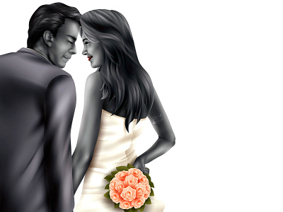 The Couple adobeillustator black white bouquet bride classy couple digitalart flowers grayscale groom illustration love man romance romantic suit vector wedding wedding dress woman