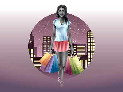 Shopping Gal Night adobeillustator bags blackandwhite building casual character city digitalart fashion girl girl illustration grayscale illustration night shop shopping vector vectorart walking woman