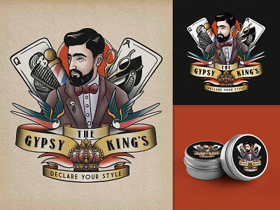 The Gypsy King's badge bagde design barber barbershop beard design drawing graphic design hair style hand drawing hand drawn hand drawn logo illustration logo logo designer old school tattoo tattoo design vintage vintage logo