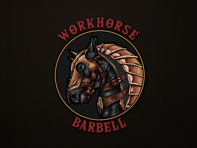 Workhorse Barbell badge badge design body building brand identity branding design fitness graphic design hand drawing hand drawn hand drawn logo horse illustration illustrator logo logo design trojan vintage vintage design vintage logo