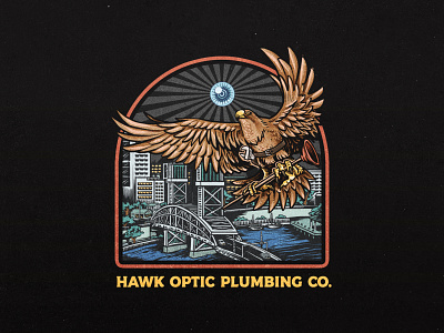 Hawk Optic Plumbing Co. badge badge design brand identity branding bridge design eagle graphic design hand drawing hand drawn hand drawn logo hawk illustration illustrator logo logo design plumbing vintage vintage design vintage logo