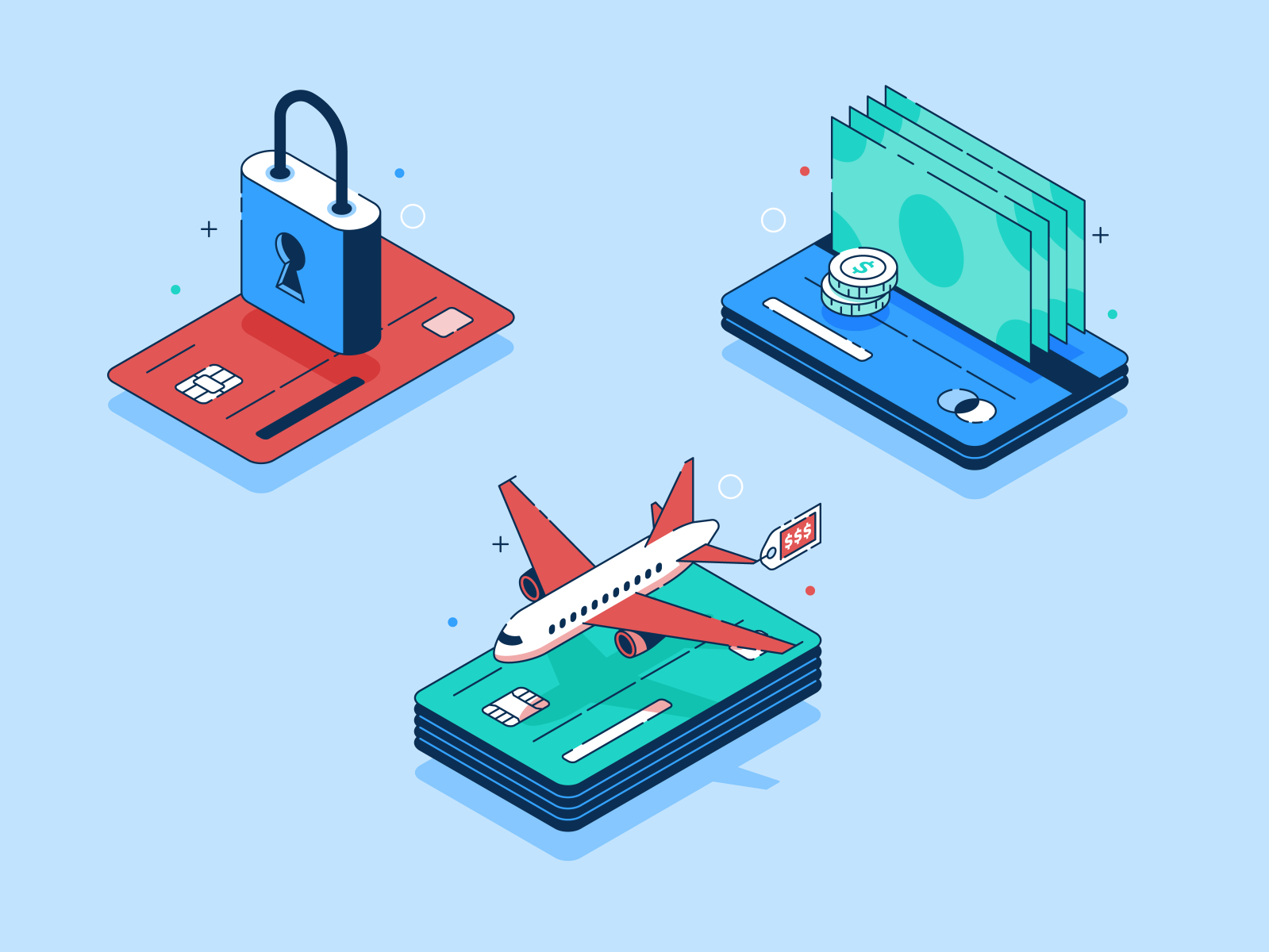 B-B-B-Bennies (and a Jet) benefits credit credit card design finance icon illustration isometric vector