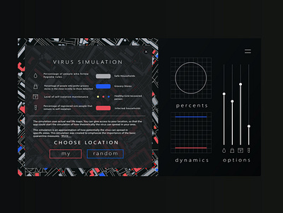 Web design for COVID-19 simulation blue color covid covid 19 dark map medecine minimalist modern play playfull red retro science simulation web webdesign website