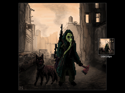 "Survive" 128X128 pixels, 128 colors 16bit 8bit aseprite character design horror illustration pixel art pixelart post apocalypse post apocalyptic retro