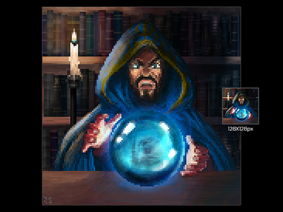 wizard and glass 8bit aseprite character design crystal ball fantasy art game art game design illustration pixel art pixelart retro wizard