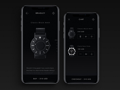 Watches Shop Mobile App app app design bradley cart checkout dark mode dark ui minimal shop store ui ux watches