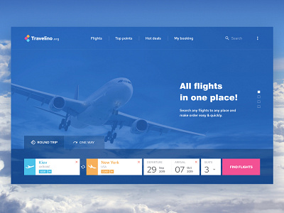 Travelino - startscreen of search flights website deals flight flight app flight search flights fly plane travel trip ui user interface