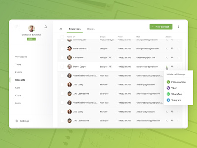 Contacts table of CRM interface call contacts crm employees green hover interface list scrolling table ui