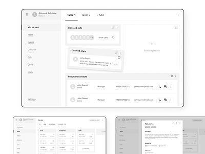 Prototypes of CRM interface concept dashboad grayscale interface modules prototypes table wireframes