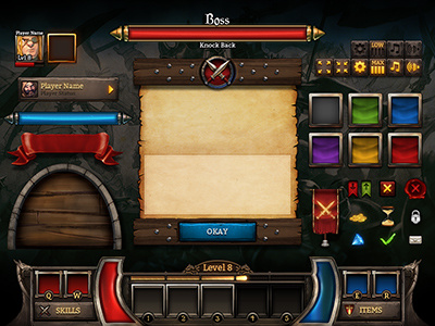 Medieval UI abilities banner bar brick cloth cog coins diamond dragon flag frame fullscreen gem gold health hourglass hud icon info interface level lock message metal music paper parchment settings sound stone