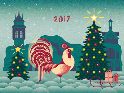 New Year card 2017 2017 cock grain new year noize rooster snow snowflake tree
