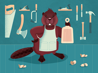 Mr. Beaver in his carpentry workshop showing you his new work. beaver carpentry flat illustration illustration vector vector illustration