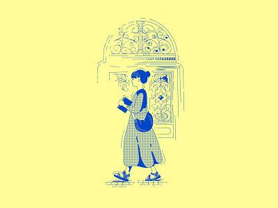 Memories of a trip to Bucharest antique door girl walking illustration sketch vector vector illustration
