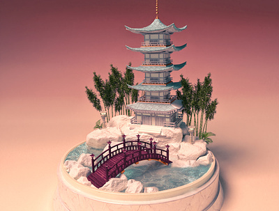 Traveling through Japan, Bridge to Pagoda 3d 3d animation 3d set best design japan miniature pagoda poster rendering snowglobe travel water
