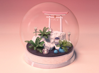 Traveling through Japan, the white Torii 3d animation 3d set japan japanese lantern miniature model snowglobe travel