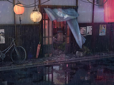 Okija 3d animation 3d modeling 3d set architecture visualization asia city japan lighting design mood rain