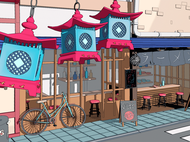 3D Ramen shop 3d animation 3d modeling 3d set city flat design food japan motion graphic