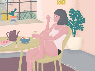 A Girl in The Morning breakfast character color editorial illustration girl home human illustration mood morning plants woman