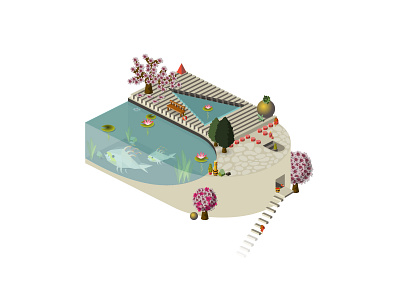 Isometric Japanese Garden 2d architecture cactus candle dribbbleweeklywarmup fish garden icon illustration isometric japanese plant pond sculpture stairs stone tree vector weekly challenge weeklywarmup