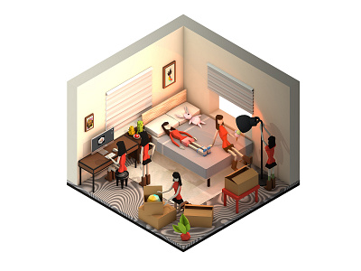 Isometric Room with Handy Girls 3d architecture building c4d character cinema 4d design diorama game girl icon illustration isometric low poly lowpoly power quarantine room ui woman