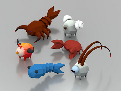 Low Poly Zodiac Crew - WIP 3d animal aries astrology c4d cancer cinema 4d crab fish goat icon illustration isometric low poly ram scorpio scorpion sign ui zodiac