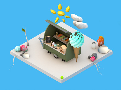 Ice Cream Trailer 3d c4d car cute design food game gelato ice cream icon illustration isometric low poly lowpoly shop store summer trailer truck vehicle