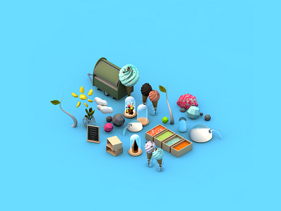 Isometric Ice cream things 3d asset c4d car cinema 4d design dessert food ice cream icon illustration isometric low poly lowpoly render summer trailer truck vehicle yummy