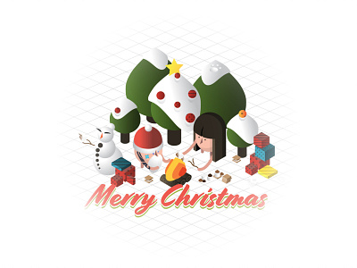 Isometric Merry Christmas with Santa 2d adobe illustrator camp fire christmas christmas sticker design icon illustration isometric isometric design isometric grid isometric icons isometric illustration isometric santa marshmallow merry christmas santa claus typography vector winter