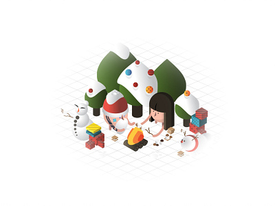 Isometric Holiday Scene 2d asus camp fire characters christmas tree cute illustration decoration design food illustration gifts holiday icon illustration isometric marshmallow santa claus snow snowman vector winter