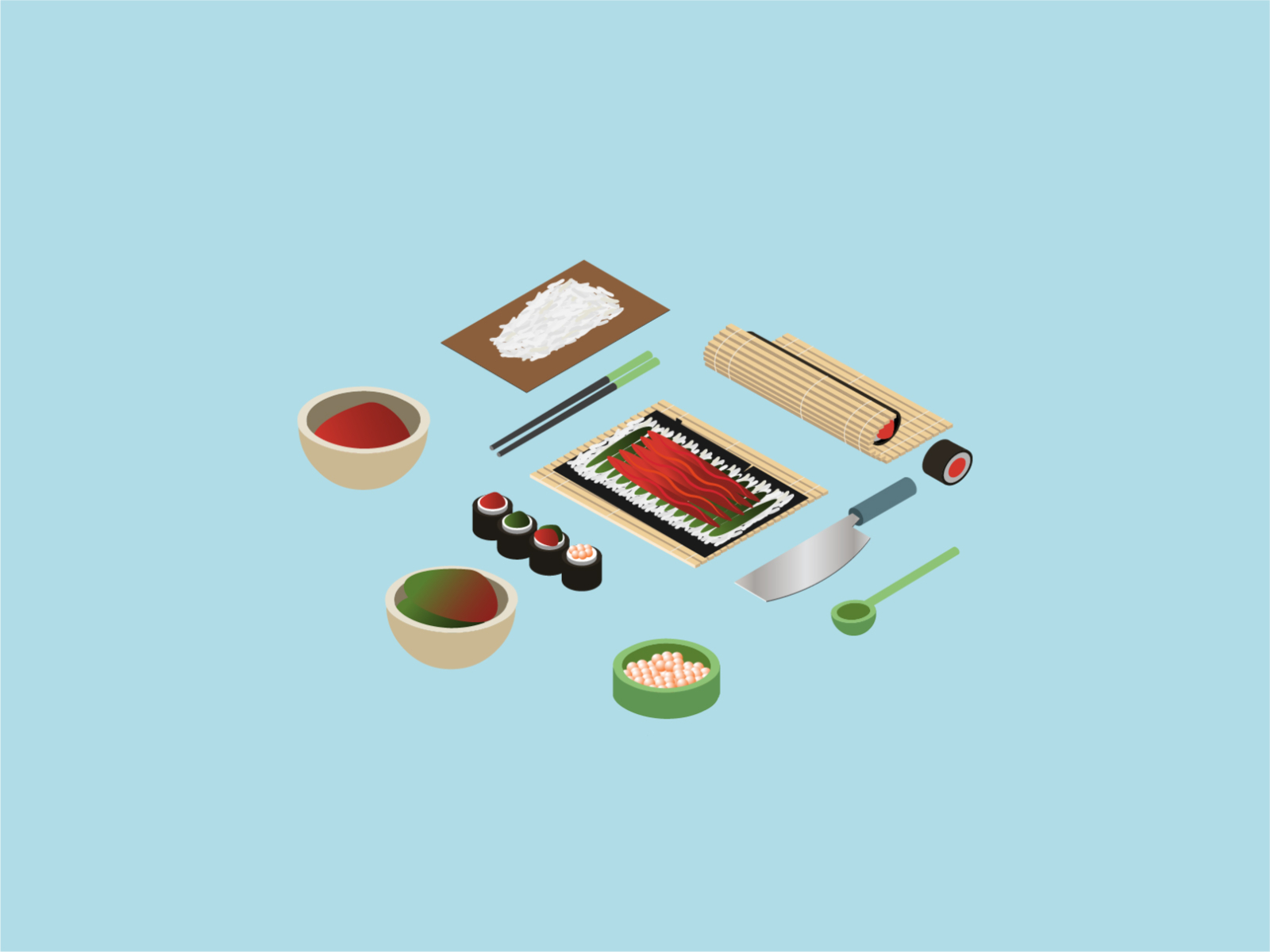 🍣 Isometric Sushi Preparation Icon Set bamboo chopsticks curbside fish food food and drink food delivery fresh icon icon set illustration isometric japanese make preparation roe stock illustration sushi ui vector