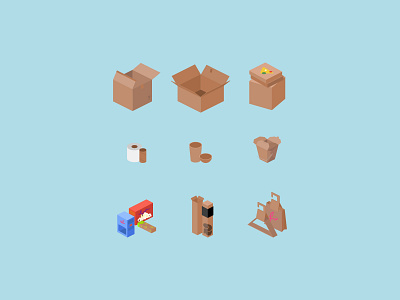 Various Cardboard Boxes 📦 3d box cardboard carton chinese food design food gift bag icon icon set illustration isometric kid package paper pizza recycle sustainable upcycle vector