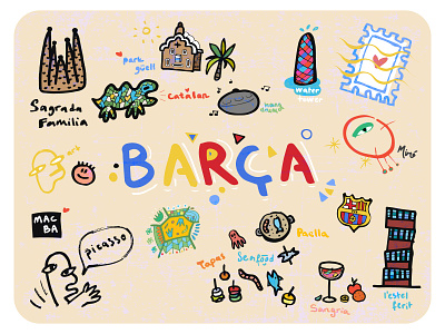 Barça architecture art barca barcelona catalan doodle europe food fun gaudi illustration miro picasso postcard sagrada familia sangria sketch spain travel vector