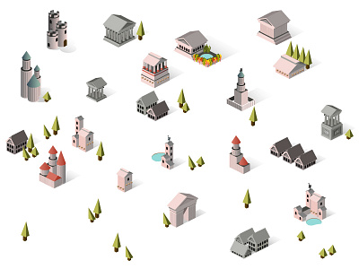 Isometric Buildings - Theme: "Ancient Temples" architecture gamification isometric isometric buildings isometric church isometric city isometric design isometric game isometric houses isometric icon set isometric icons isometric illustration isometric temple video game